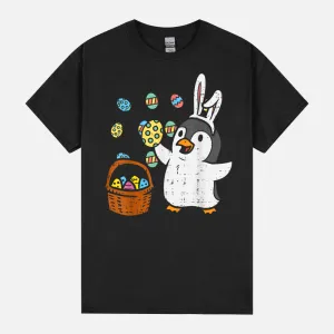 Easter Penguin Bunny Ears Eggs Basket Cute Men Women Kids Unisex T-Shirt